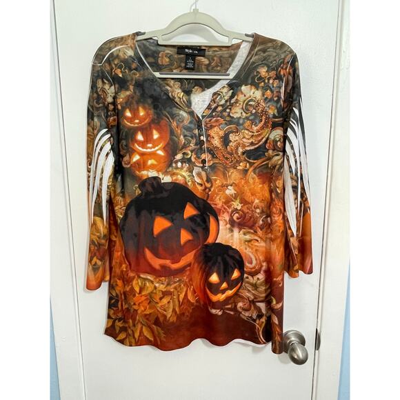 Style & Co Blouse Large Halloween Jack O Lantern Pumpkin Whimsygoth Witchy - Picture 1 of 5